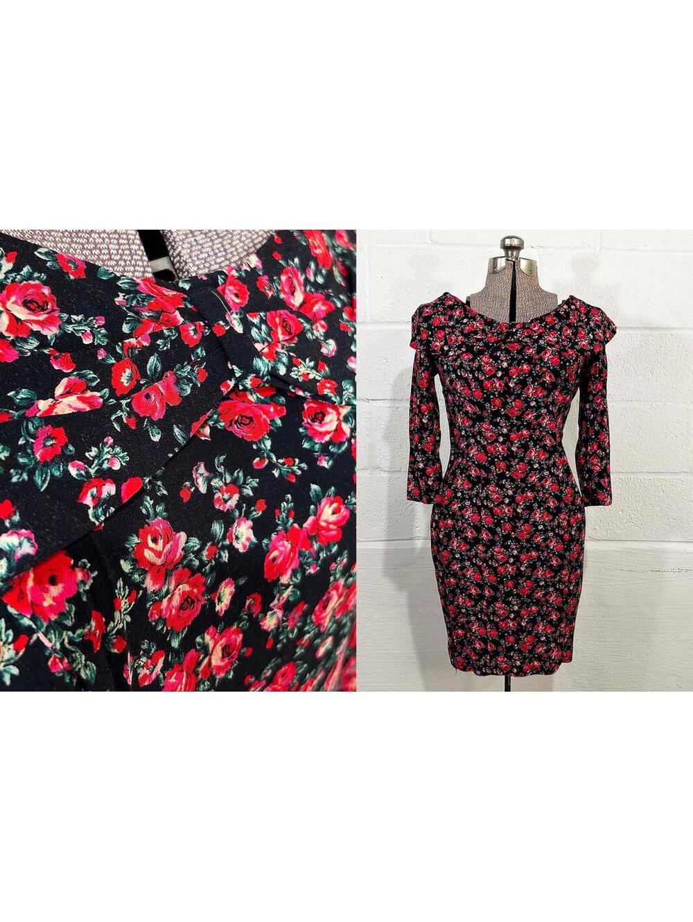 Vintage 1980s Floral Dress Red Roses Romantic Grunge 1990s Small